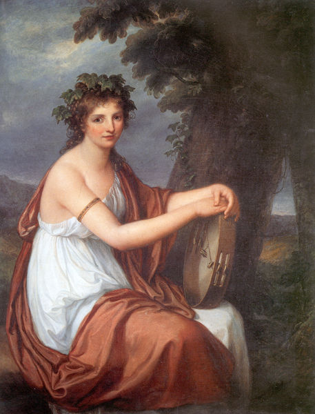 Junge Frau mit Weinlaubkranz und Tamburin