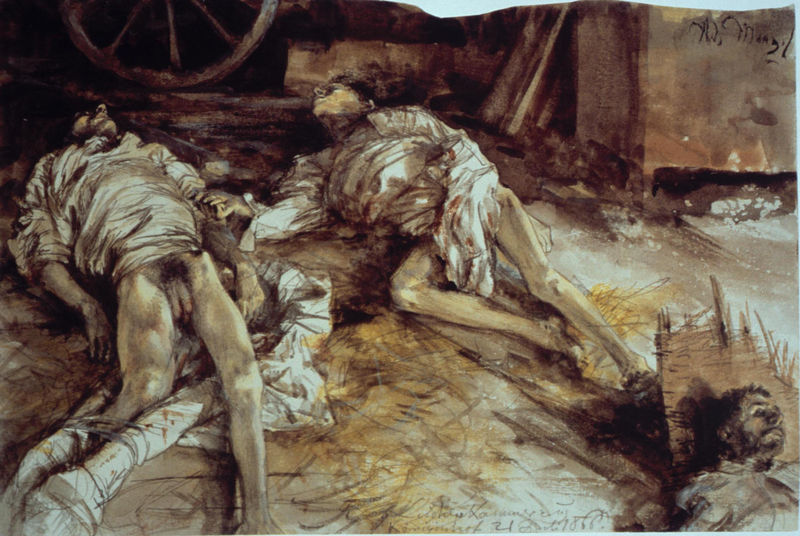 Drei gefallene Soldaten in einer Scheune