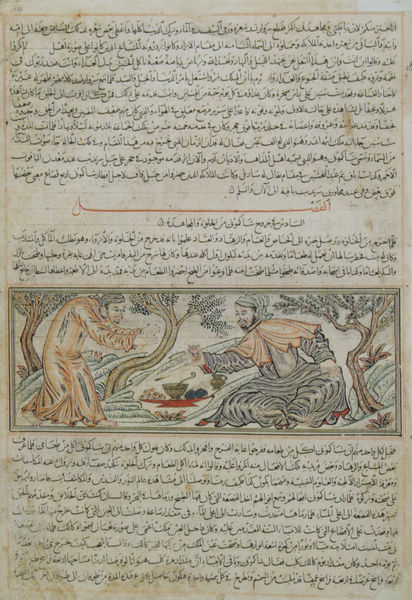 Sakyamuni bietet dem Teufel Früchte dar - aus dem Jami' al-tawarikh von Rashiduddin aus Tabriz