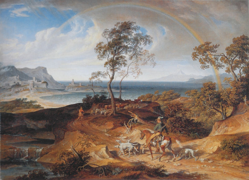 Küstenlandschaft mit Regenbogen und heimkehrendem Reiter