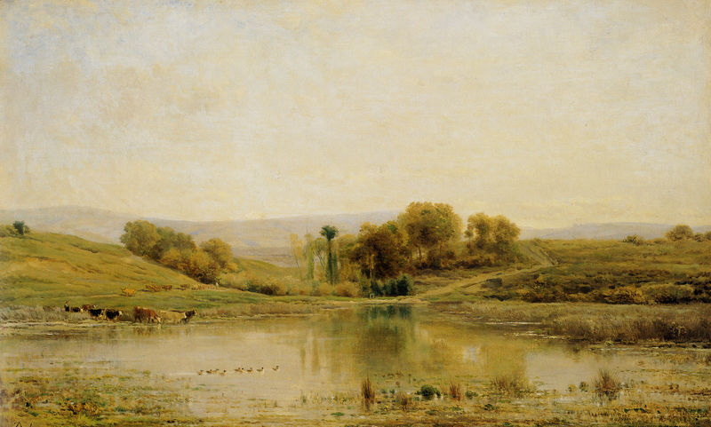 Moorteich von Gylieu mit Herde am Ufer