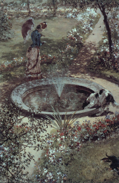 Spaziergängerin am Springbrunnen im Kurgarten in Kissingen