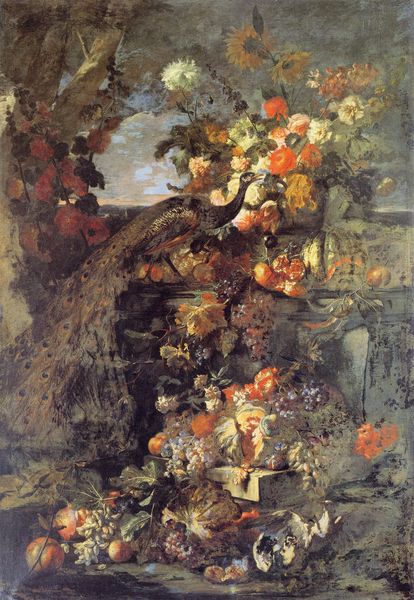 Blumen und Früchte mit Pfau