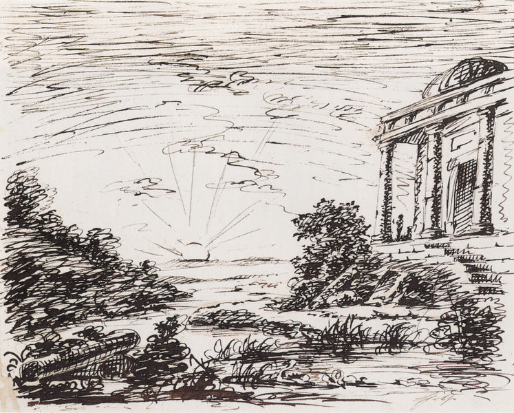 Tempel am See bei tiefstehender Sonne