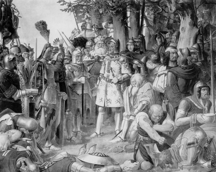 König Ludwig der Bayer begrüßt seinen gefangenen Gegenkönig Friedrich den Schönen nach der Schlacht von Ampfing