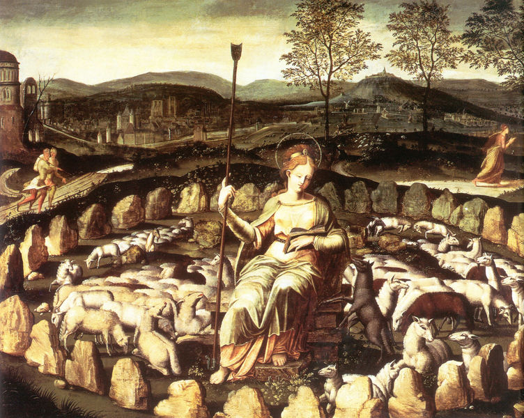 Die heilige Genovefa hütet Schafe in der Lendit-Ebene