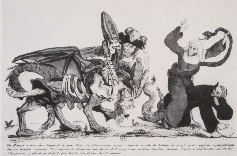 Ein dreiköpfiges Ungeheuer, das die drei Stände der Aristokratie verkörpert, verschlingt den Leichnam des Volkes