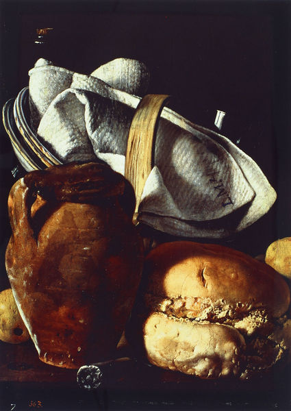 Stilleben mit Krug, Brot und Korb
