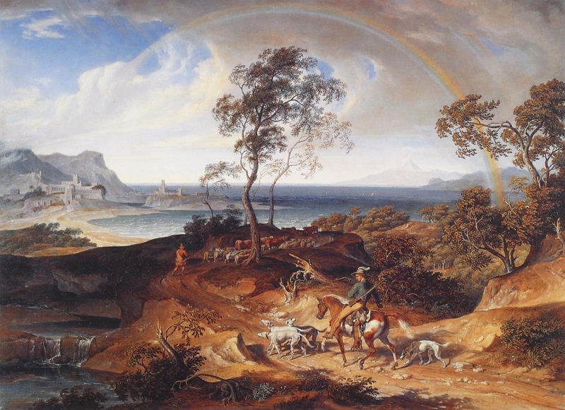 Küstenlandschaft mit Regenbogen und heimkehrendem Reiter