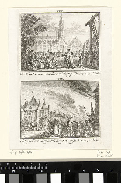 De Haarlemmers verzoenen zich met hertog Albrecht, 1492, en troepen Karel van Gelre buiten Amsterdam