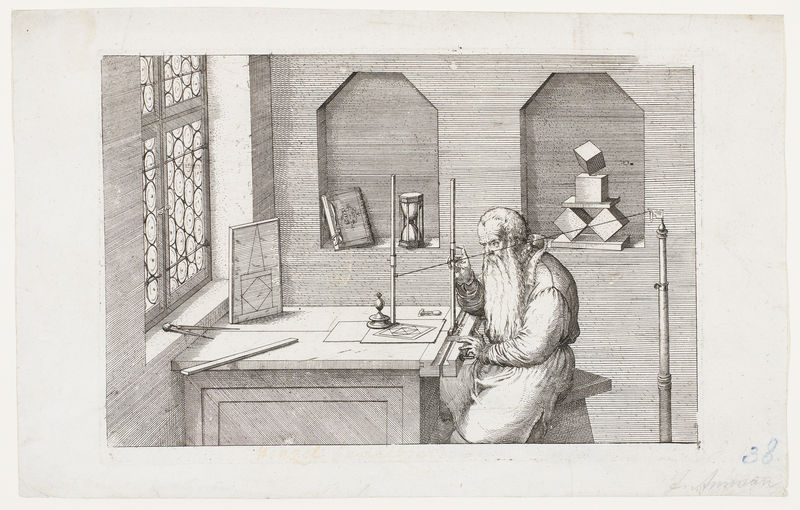 Portret Wenzel Jamnitzer, bezig met perspectivische berekeningen