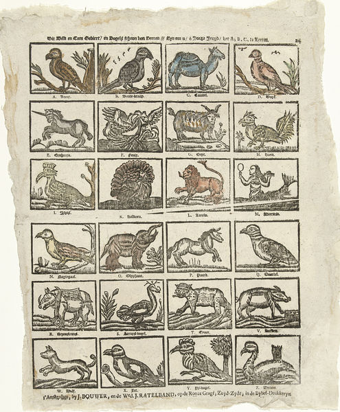Dit Wild en Tam Gediert / en Vogels schoon van Veeren // Zijn om u / o Jonge Jeugd / het A, B, C, te Leeren. (titel op object)