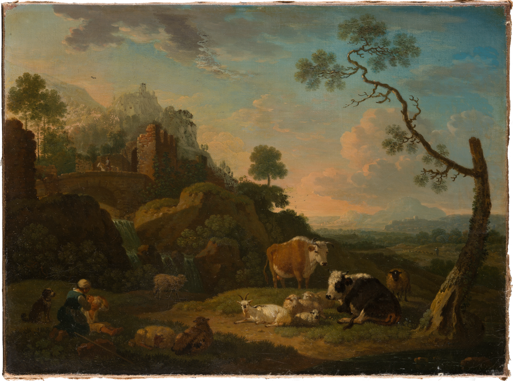 Landschaft mit Hirtenfamilie und ihrer Herde;Vieh auf der Weide