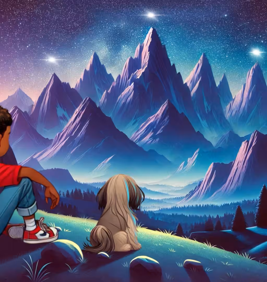 Boy with his dog on a hill looking at the stars