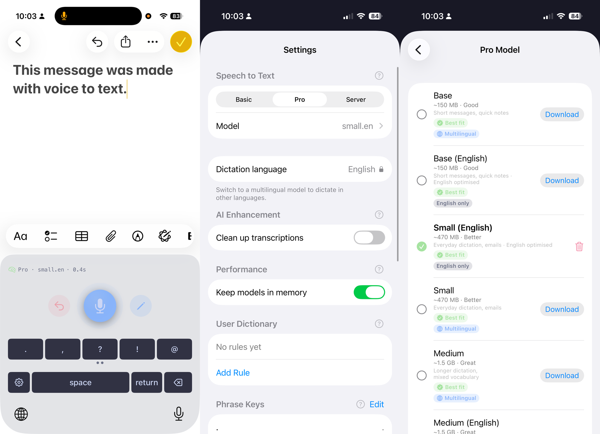 LocalWhisper: dictating into any app via the system keyboard, plus its model and settings screens