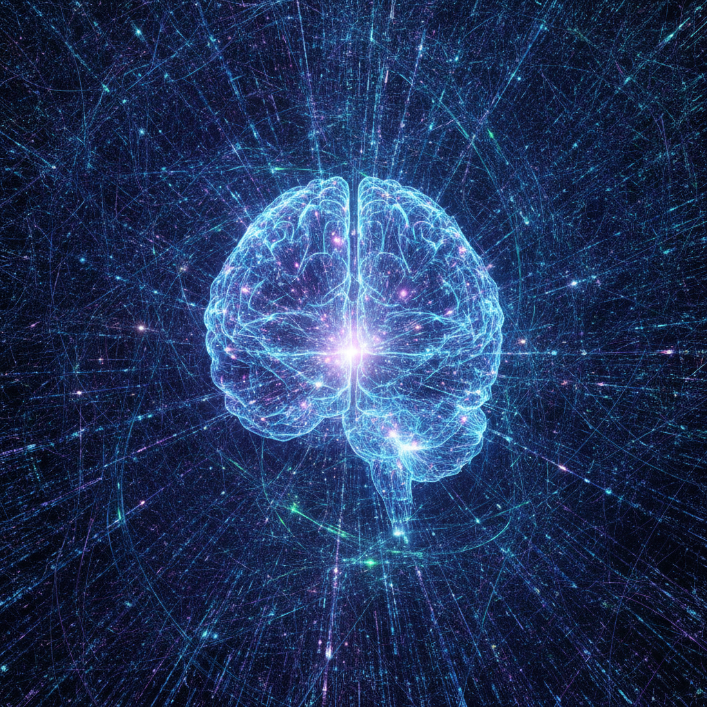 A futuristic, abstract representation of artificial intelligence as a creative mind. Dynamic lines and glowing nodes form a brain-like structure, radiating light and energy. The background is a network of interconnected digital threads, symbolizing connectivity and knowledge. The color palette is vibrant and modern, with blues, purples, and touches of bright green, conveying innovation and growth. No text on the image.