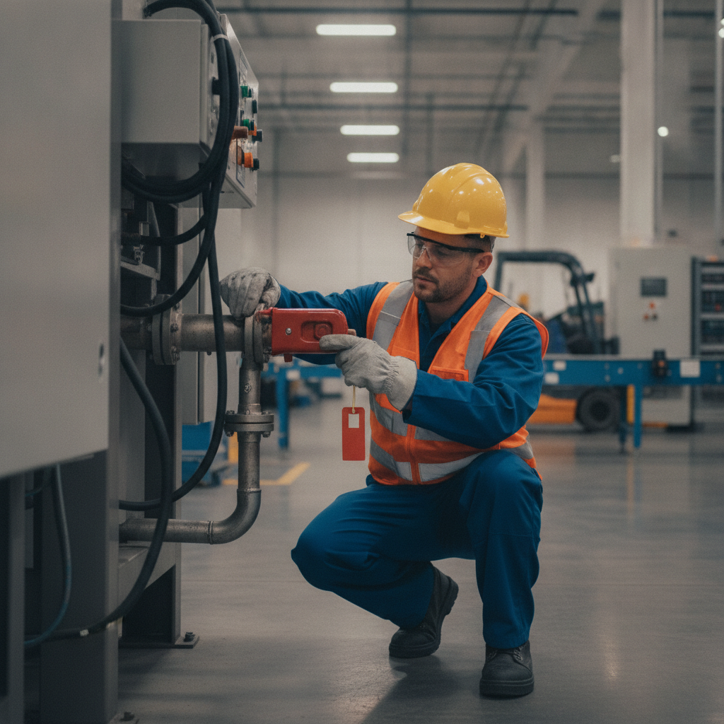 A detailed, realistic image showing a safety lockout/tagout procedure in an industrial setting. A skilled worker, wearing appropriate personal protective equipment (PPE) including a hard hat, safety glasses, and high-visibility vest, is meticulously attaching a lockout device and a tag to an energy isolation point on a complex piece of machinery. The background features a clean, well-lit factory floor with various industrial equipment, conveying a sense of organized and safe operations. The focus is on the precision and importance of the safety procedure, with a slightly muted color palette to emphasize the serious nature of the task. No text or logos visible in the image.