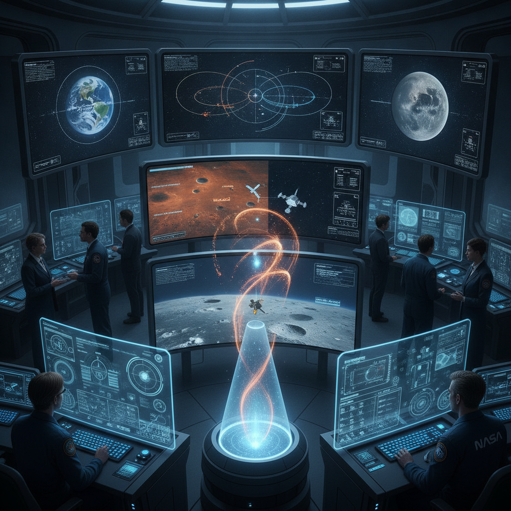 A futuristic mission control center with multiple large screens displaying complex orbital mechanics, Mars surface maps, and lunar landing sites. Diverse team of engineers and scientists, some wearing NASA patches, are collaborating, interacting with holographic interfaces. A central AI interface glows subtly, integrating data streams. The overall mood is high-tech, collaborative, and focused, with a sense of wonder and scientific exploration. The color palette is cool blues, grays, and subtle oranges, reflecting space and technology. No text on the image.