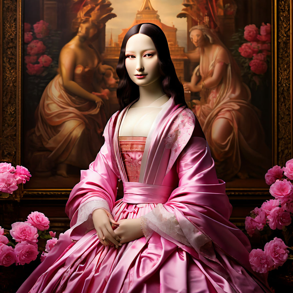 Die Mona Lisa trägt ein pinkes Kleid und steht vor einem jap... by ...