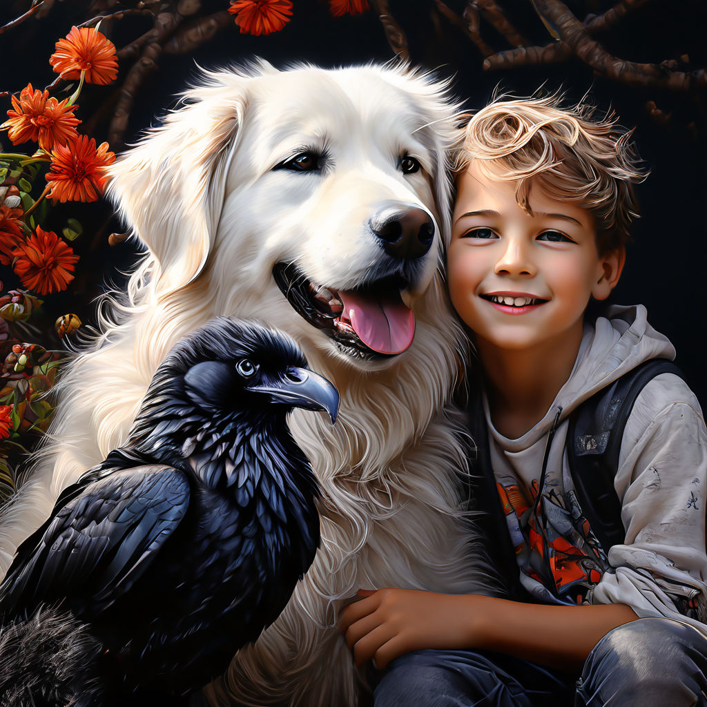 Happy white dog and boy White black Crow by Joseph Keles - Playground