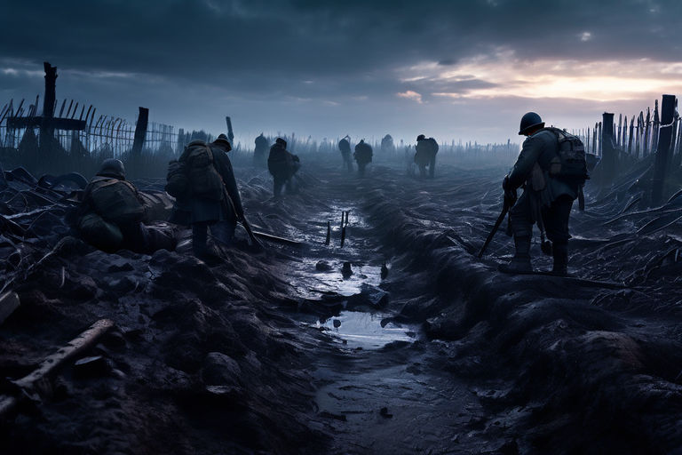 Generate an image depicting a World War I battlefield with s... by ...