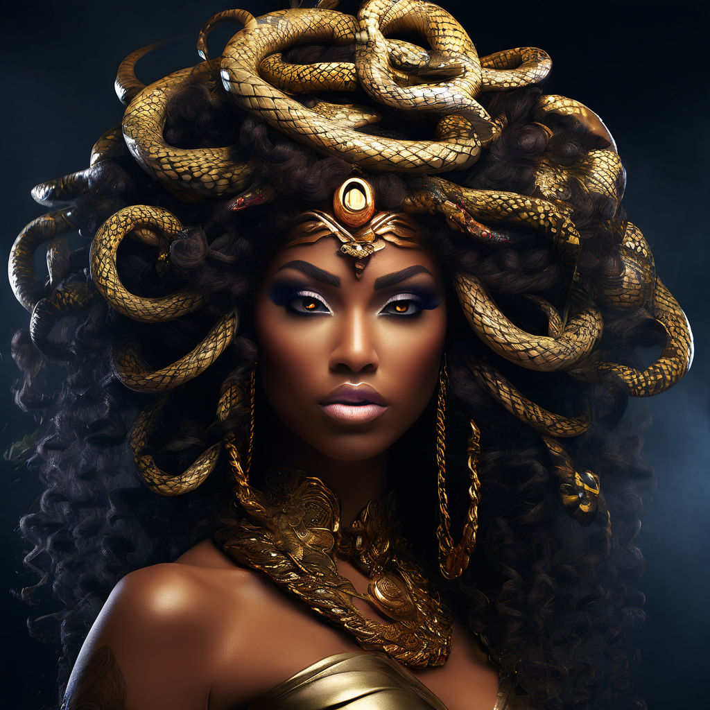 Sexy Medusa face snakes on her head brown skin by Eye Forpaint - Playground