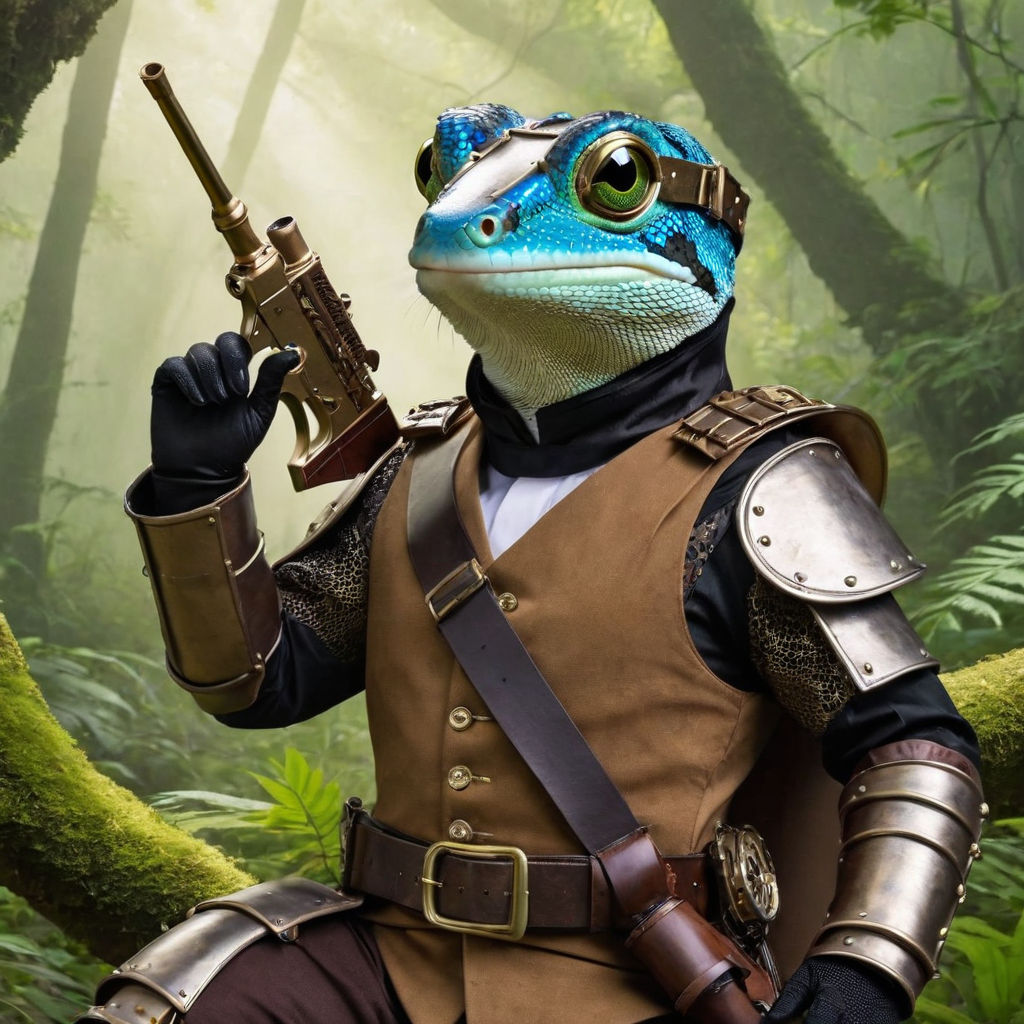 Geico gecko in steampunk armor with a small blow dart in the... by Cory ...