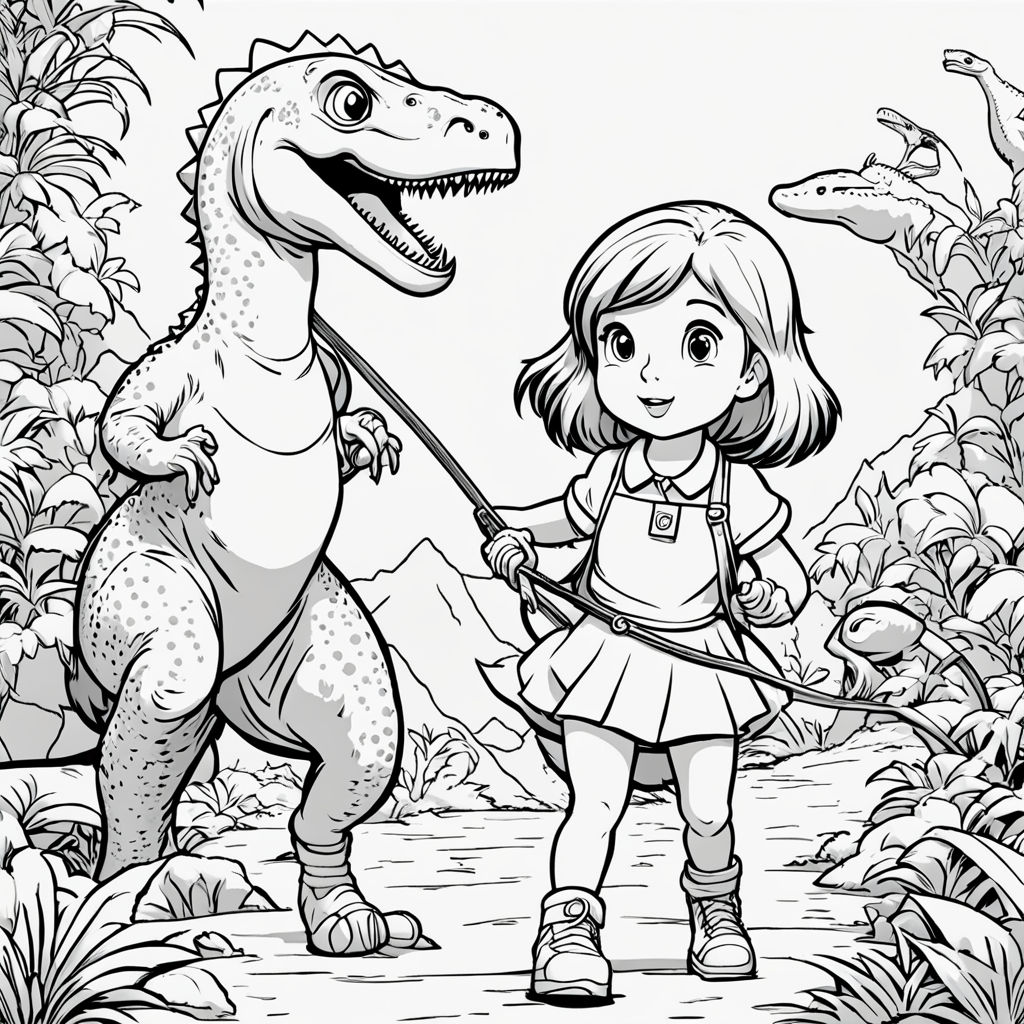 Coloring page showing a little girl leading a dinosaur on a ... by ...