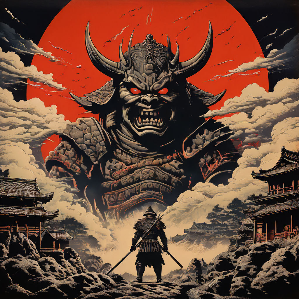 50s poster giant samurai made of stone with an helmet and de... by ...