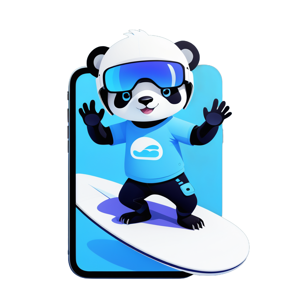 panding surfing wearing vr set and iphone screen and blue background