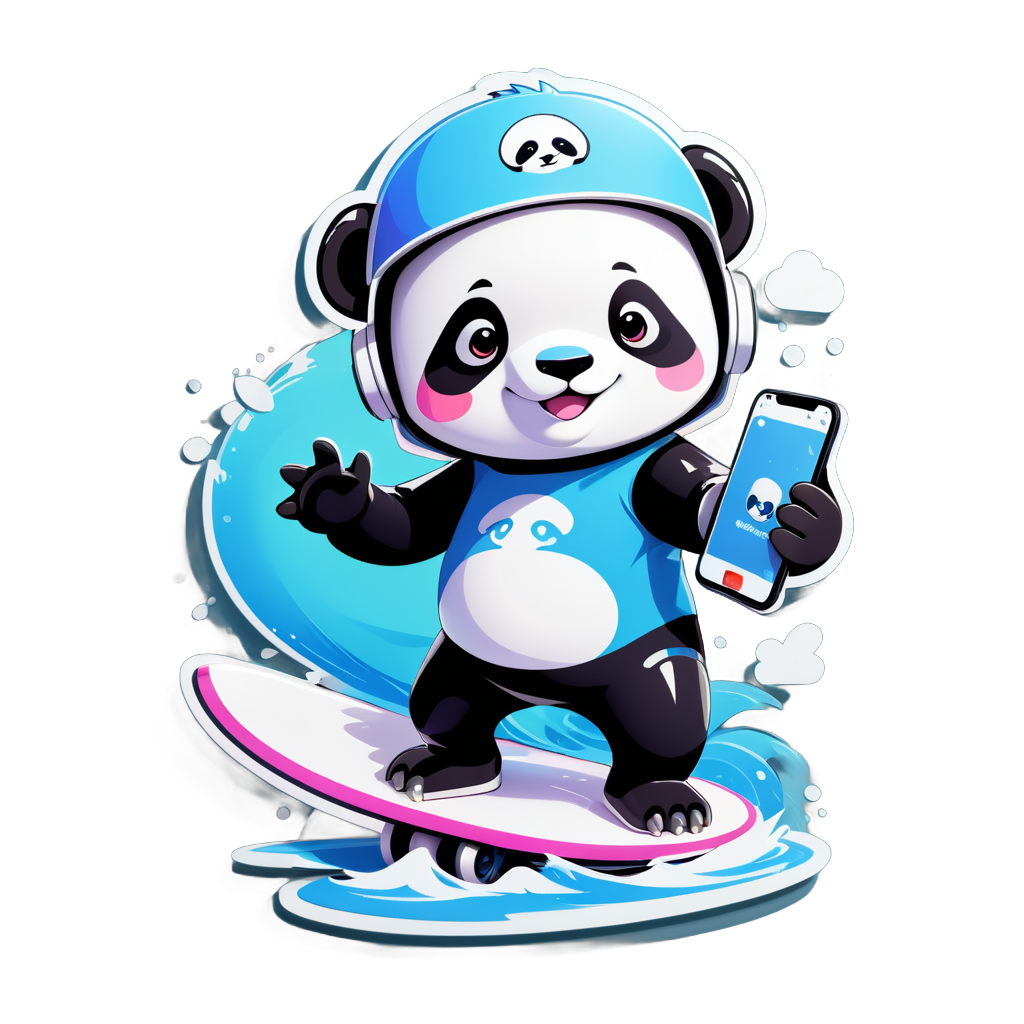 panda is surfing, wearing a VR helmet, holding an iPhone in its hand, with the phone's screen displaying Twitter