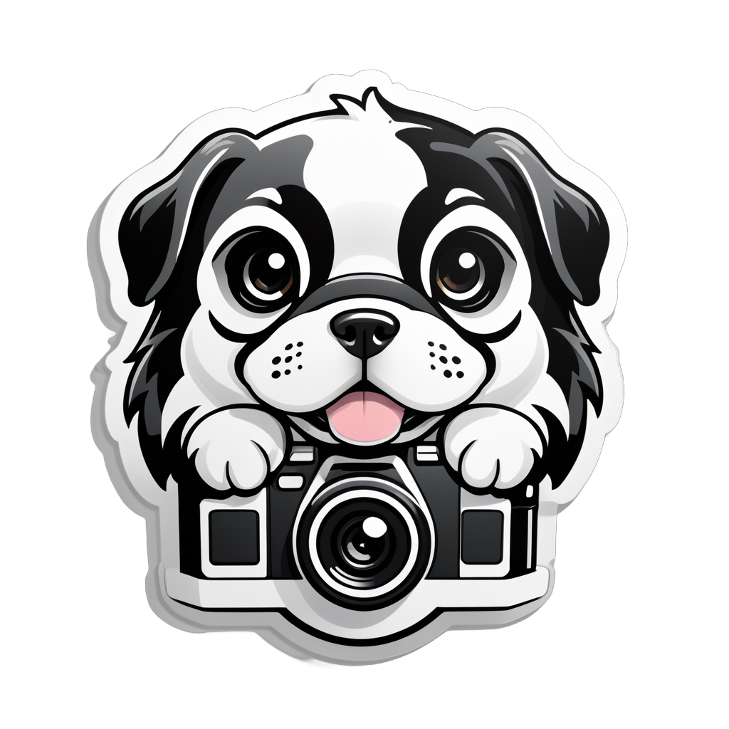 black white boder colie dog with camera