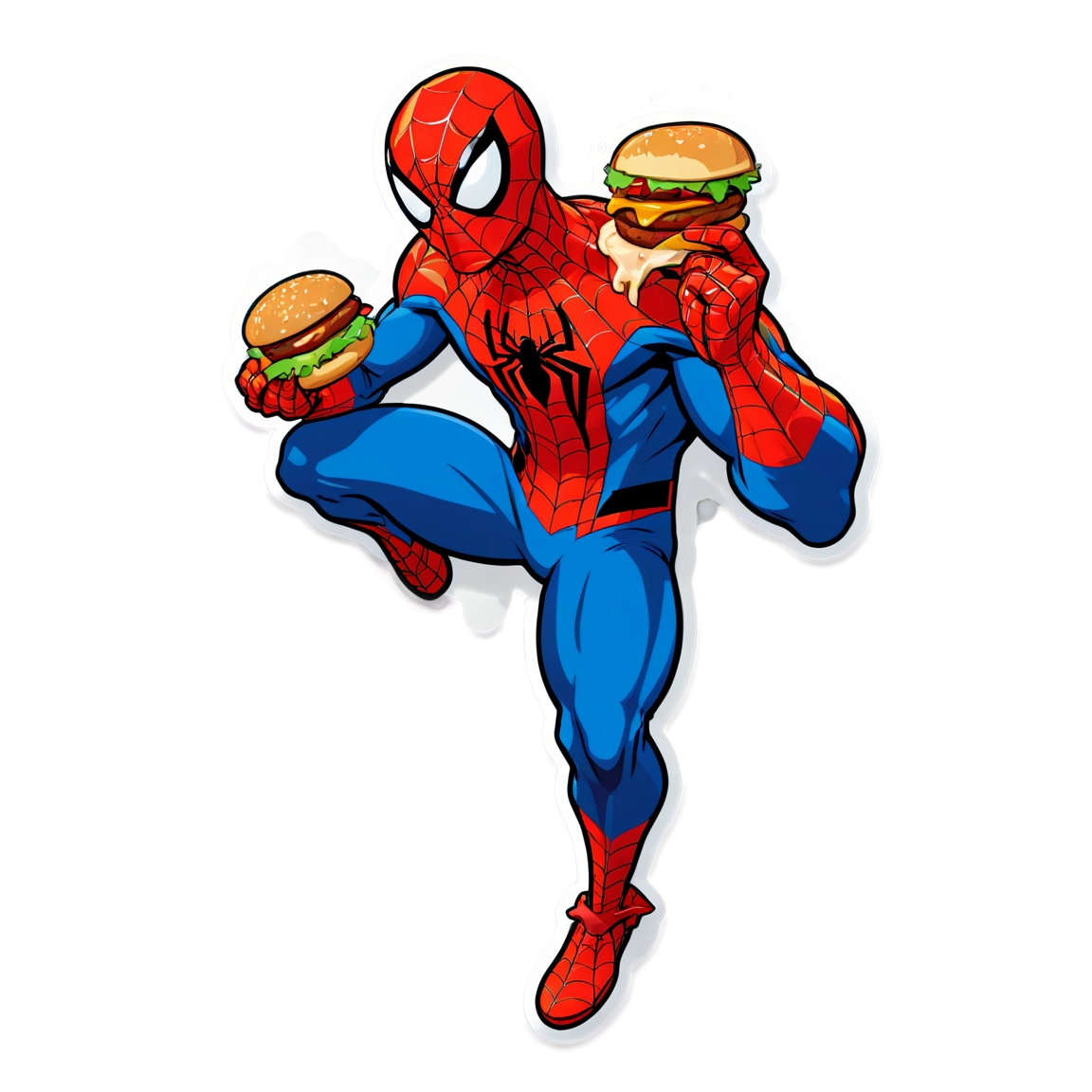 spiderman eating a homburguer