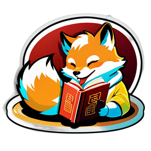 Chinese Jianzhou fox lying on the floor reading a book, hot coffee next to it