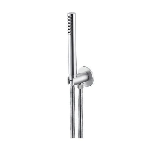 Round water inlet unit with hand shower, support and hose in stainless steel