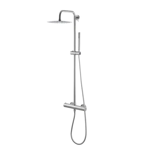 Exposed wall-mounted shower column with mechanical mixer in stainless steel