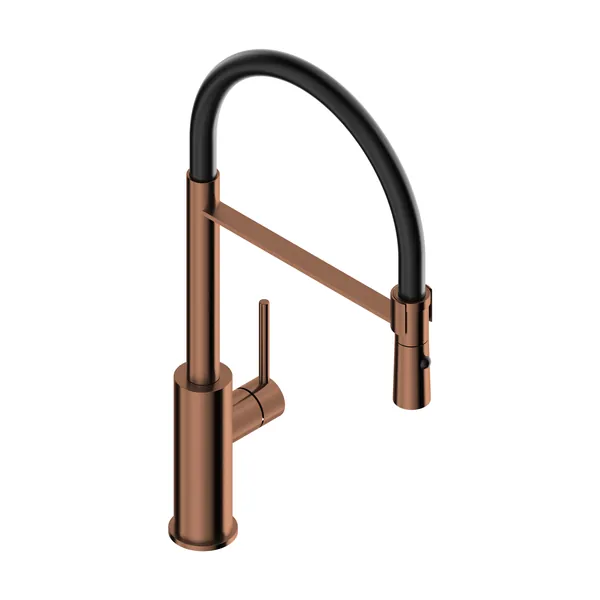 Kitchen mixer tap in 316L stainless steel with black round spout