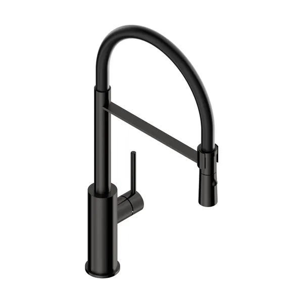 Kitchen mixer tap in 316L stainless steel with black round spout