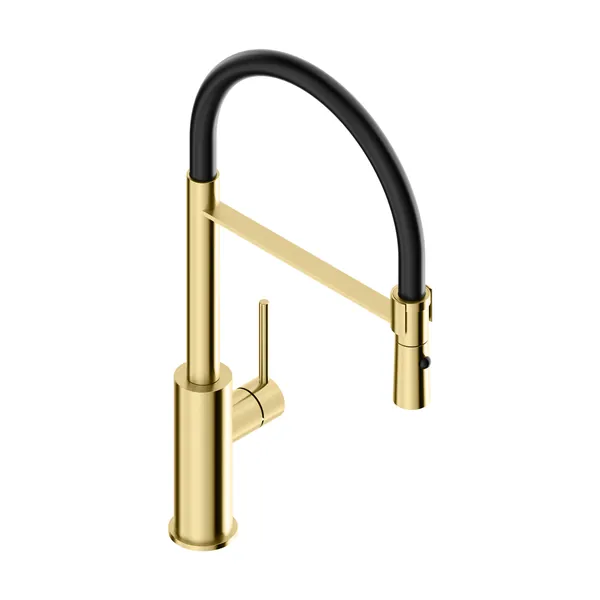 Kitchen mixer tap in 316L stainless steel with black round spout