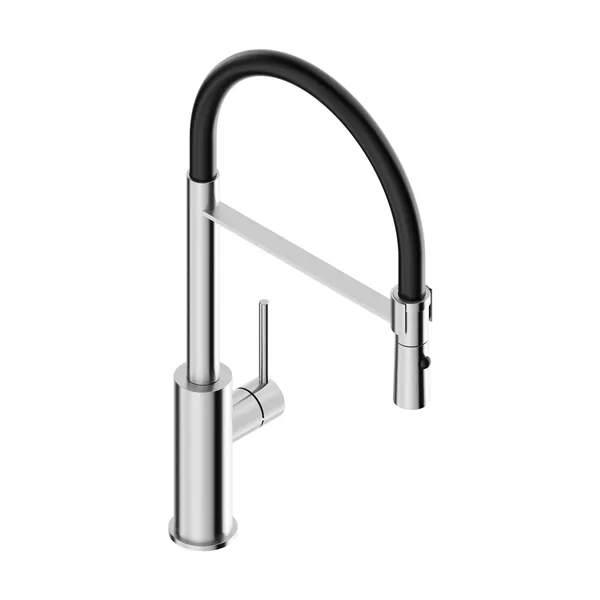 Kitchen mixer tap in 316L stainless steel with black round spout