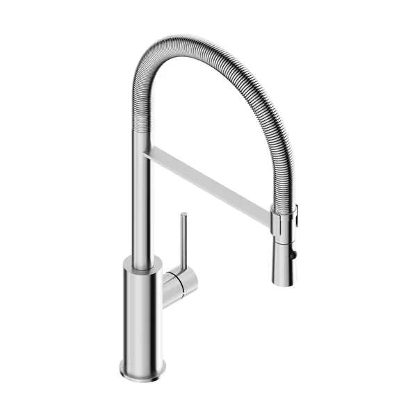 Kitchen mixer tap with spring-coil flexible round spout in 316L stainless steel