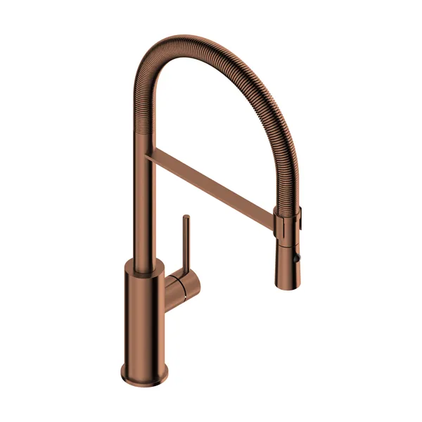 Kitchen mixer tap with spring-coil flexible round spout in 316L stainless steel