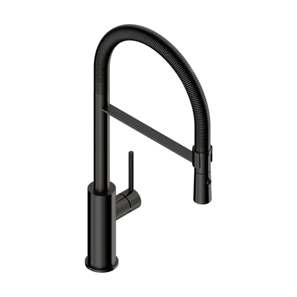 Kitchen mixer tap with spring-coil flexible round spout in 316L stainless steel