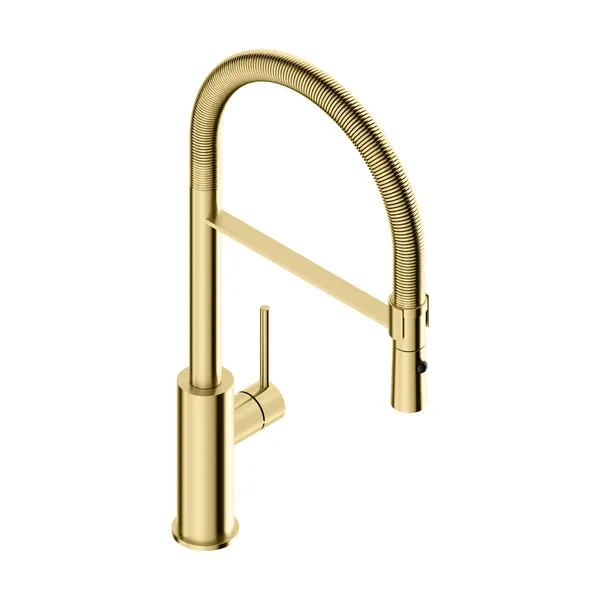 Kitchen mixer tap with spring-coil flexible round spout in 316L stainless steel
