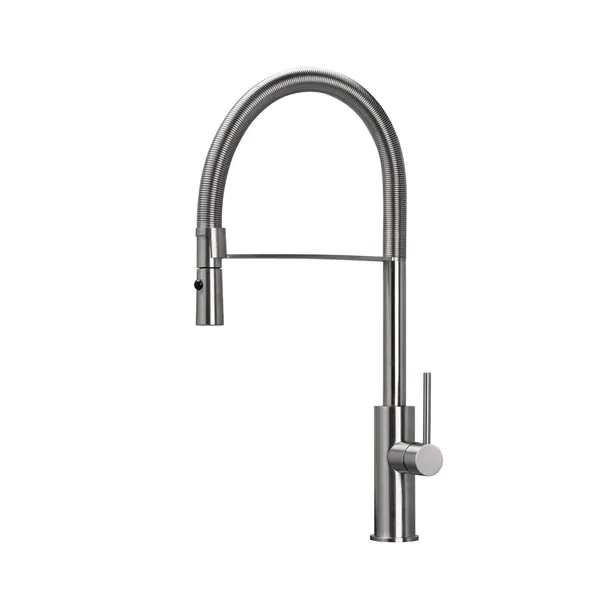 Kitchen mixer tap with spring-coil flexible round spout in 316L stainless steel