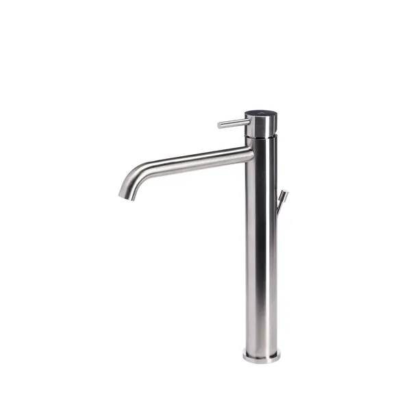 Tall basin mixer with satin stainless steel drain