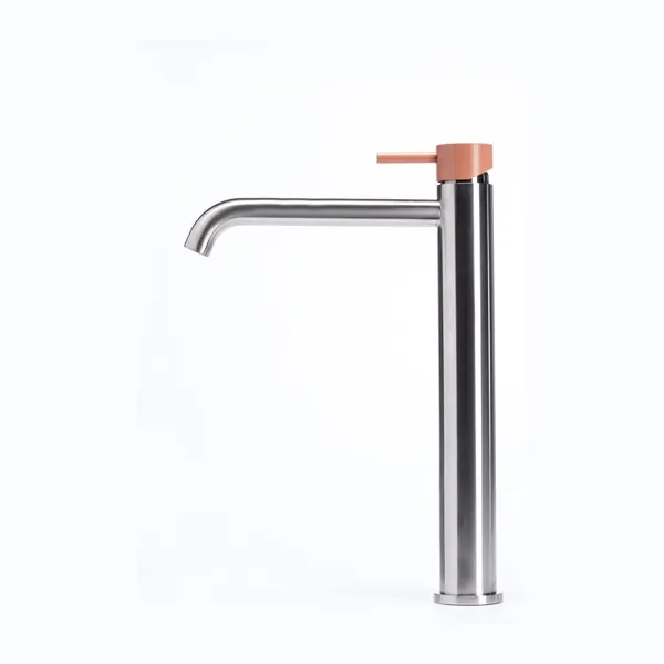 Tall basin mixer tap without waste, with coloured handle