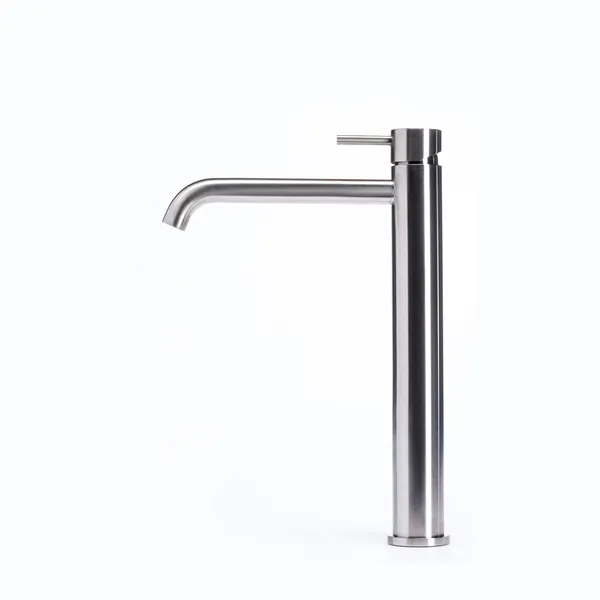 Tall countertop basin mixer tap without waste in brushed stainless steel