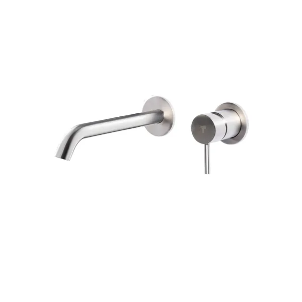 Concealed basin mixer set in brushed stainless steel with designer spout