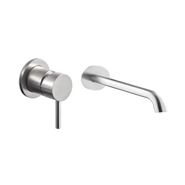 Concealed basin mixer set in brushed stainless steel with designer spout